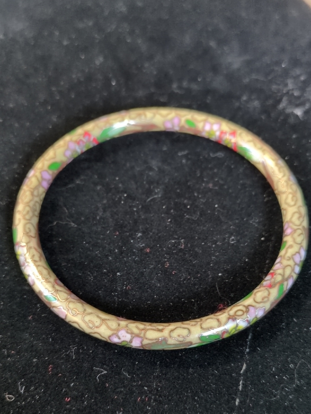 Vintage Vanilla Cloisonné Floral Bangle with Green and Pink Accents "Rare"